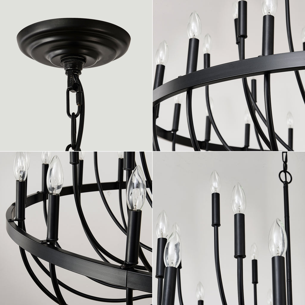 24-Light Black Chandelier Industrial Iron Candle Chandelier Modern Suspended Farmhouse Chandeliers Pendant Light Fixtures for Dining Room Bedroom Living Room Kitchen Island Foyer E12 Bulb (NO Include)