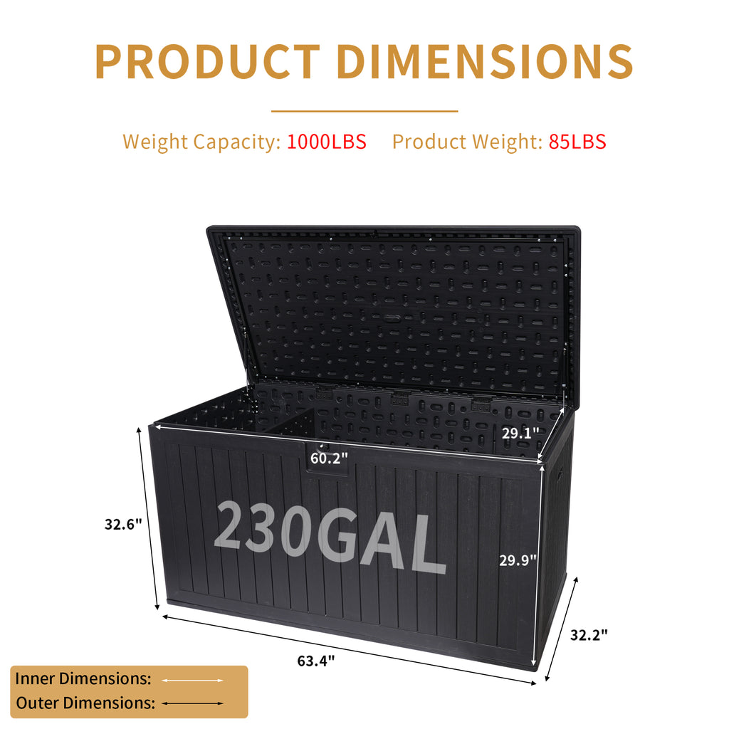 230 Gallon Resin Outdoor Deck Box Waterproof, Extra Large Patio Storage Box with Lockable Storage Containers for Patio Furniture Cushions, Pool Accessories, Garden Tools