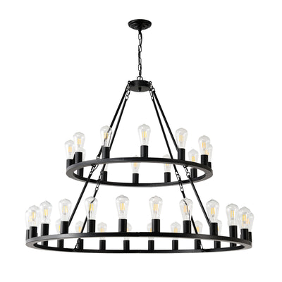 52 Inch Black Extra Large Wagon Wheel Chandelier, 2 Tier 36-Lights (24+12) +(12+24) Farmhouse Industrial Round High Ceiling Pendant Light Adjustable Chain, for Dining Room, Living Room,Kitchen