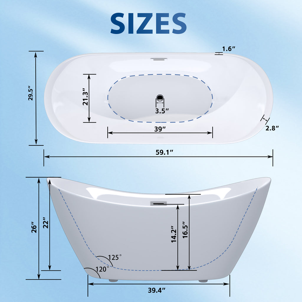 59 "Acrylic freestanding tub, Gloss white,  with chrome overflow and pop-up Drain, CUPC Certified