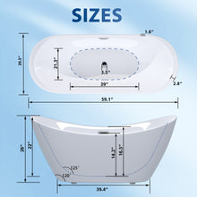 Load image into Gallery viewer, 59 "Acrylic freestanding tub, Gloss white,  with chrome overflow and pop-up Drain, CUPC Certified