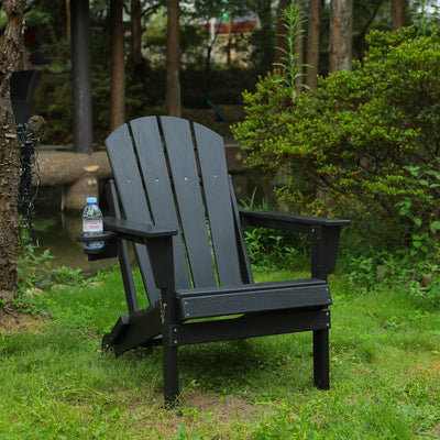 HDPE Folding Adirondack Chair with Dual Cup Holder - Composite Adirondack Chair with Wood Texture- Black