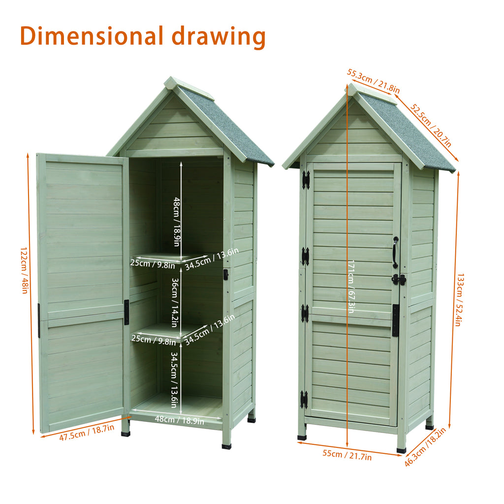 Outdoor Wooden Storage Shed, Tall Narrow Garden Tool Cabinet with Lockable Door & 2 Shelves, Waterproof Asphalt Roof, Vertical Tool Organizer for Patio, Backyard, Lawn