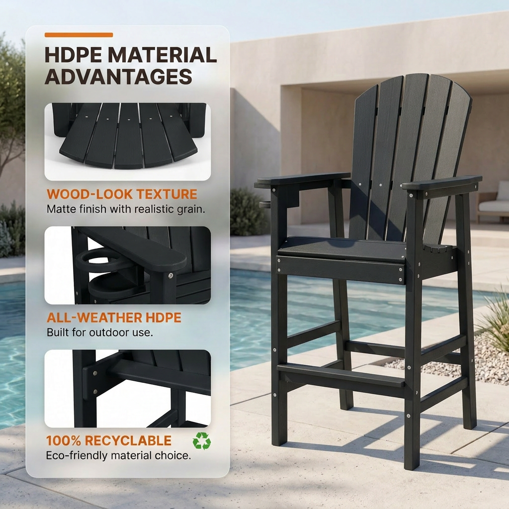 HDPE Bar Height Adirondack Chair with Cup Holder, All-Weather Outdoor Patio Bar Chair with Armrests 1 Piece(BK)