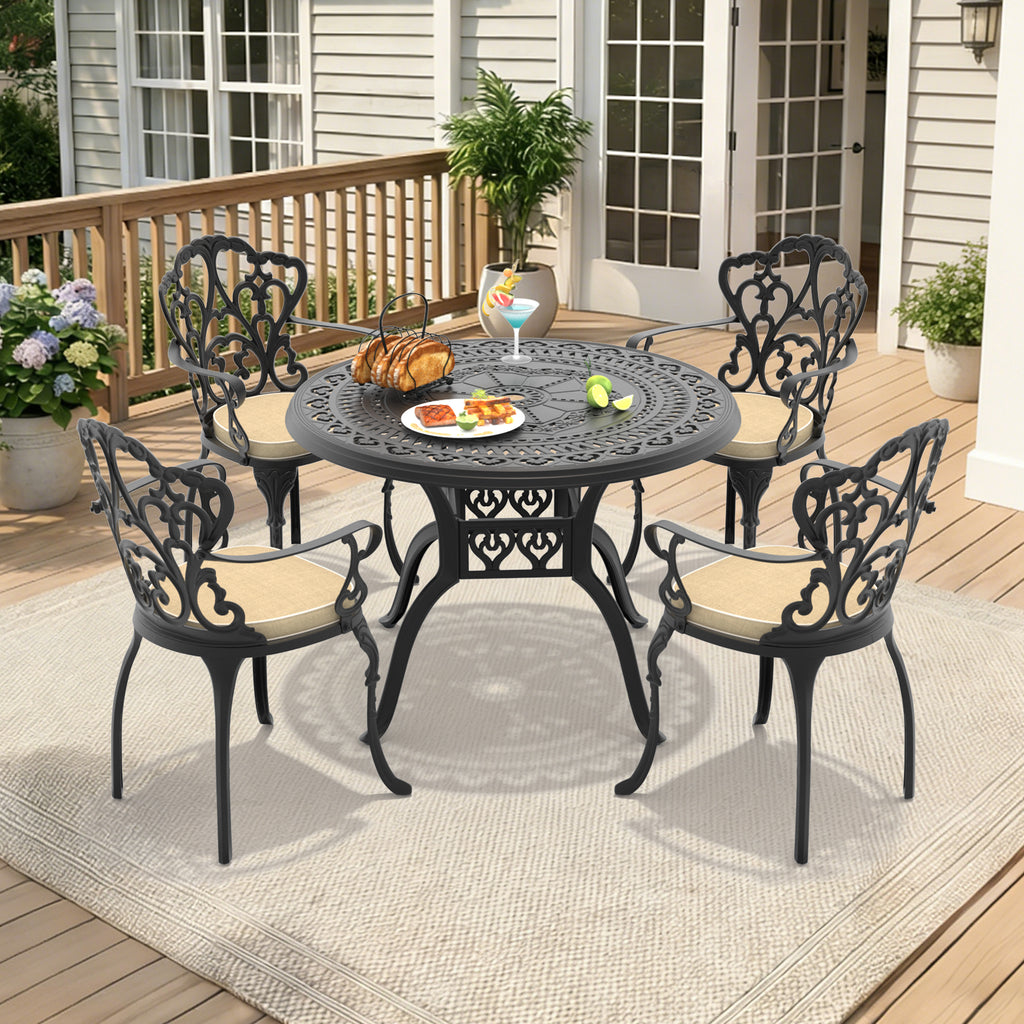 Ø39.37-inch Cast Aluminum Patio Dining Table With Black Frame and Umbrella Hole (same sku: W171084477)