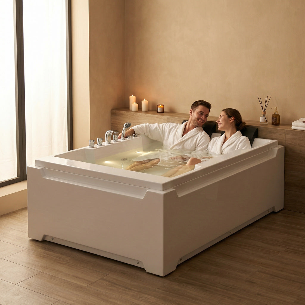 X-031 Whirlpool Tub,73" x 48" Jetted Bathtub for 2 Person, Hydro Massage & Chromatherapy,UL Certified,UPC Certified,3 Sided Apron,Acrylic ,110 Gallons,Left Drain
