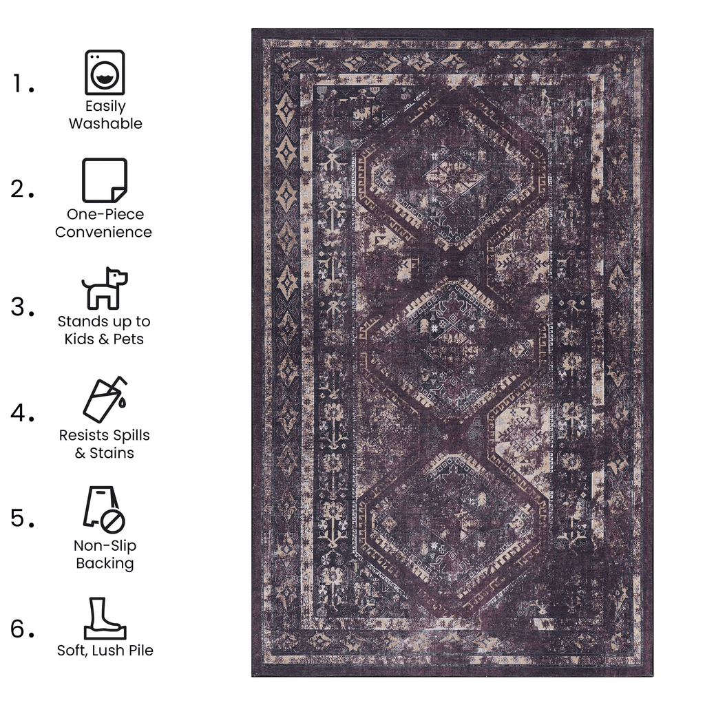 MAVAL Black Washable Rug 2' x 3' Doormat Rug (Black+Burgundy, 2' x 3') Modern, Contemporary, Non-Shedding & Easy to Clean, Ideal for Living Room, Bedroom, Dining Space, 36*24 inch