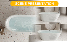 Load image into Gallery viewer, 59'' acrylic freestanding bathtub with unique diamond pattern design: spacious oval shape,  Gloss white finish, Chrome overflow and pop-up drain CUPC Certificate