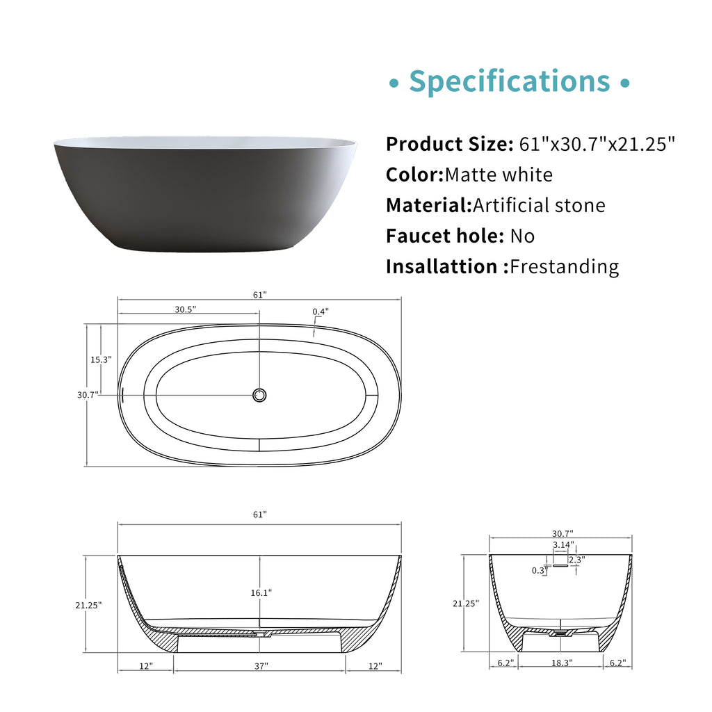 61'' Freestanding Bathtub Resin Stone Soaking Bathtub Solid Surface Modern Tubs with Overflow and Pop-up Drain in White