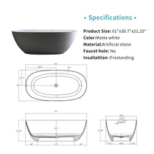 Load image into Gallery viewer, 61'' Freestanding Bathtub Resin Stone Soaking Bathtub Solid Surface Modern Tubs with Overflow and Pop-up Drain in White