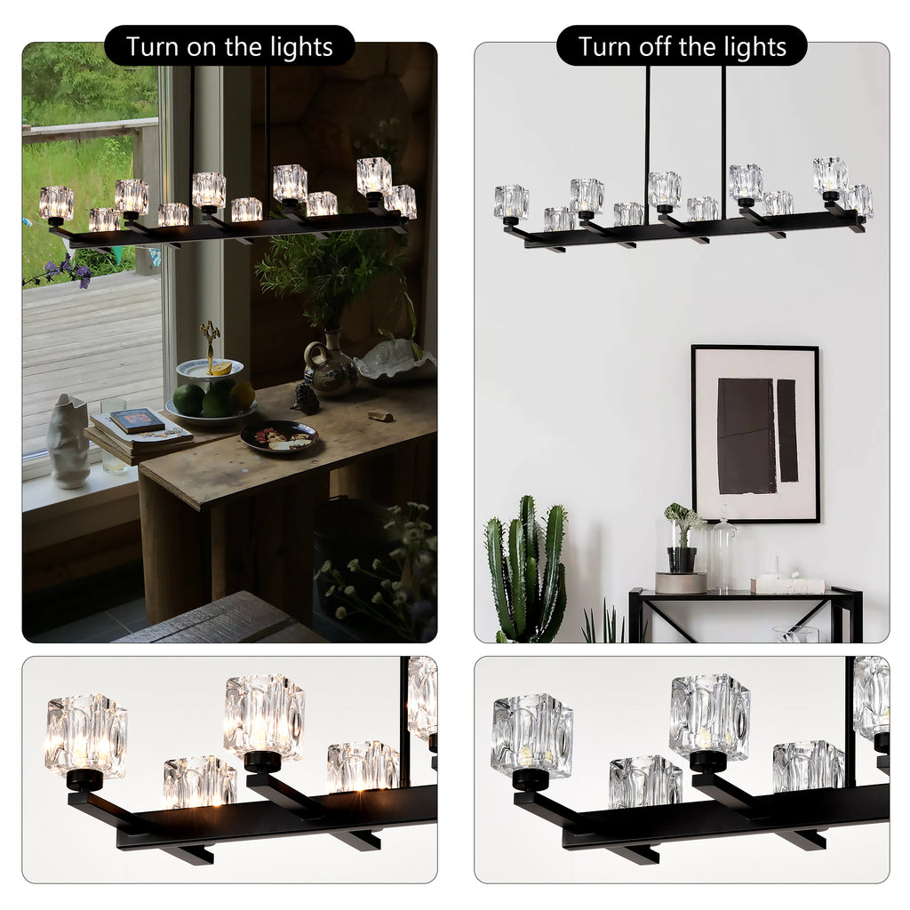 Chandelier for Dining Room, 10-Light Black Farmhouse Linear Pendant Light Fixture, Modern Crystal Hanging Lighting Chandelier for Kitchen Island, Bar, Long Table, G9 Bulb(10*G9*MAX 40W)