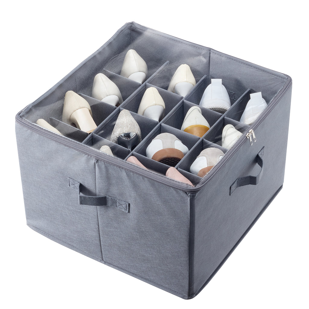 Under Bed Shoe Storage Organizer, 1 Pack, 16 Compartments, Underbed Shoe Box Storage Containers Adjustable Dividers, Sandal Organizer Storage with Clear Window, Breathable, Reinforced Handles
