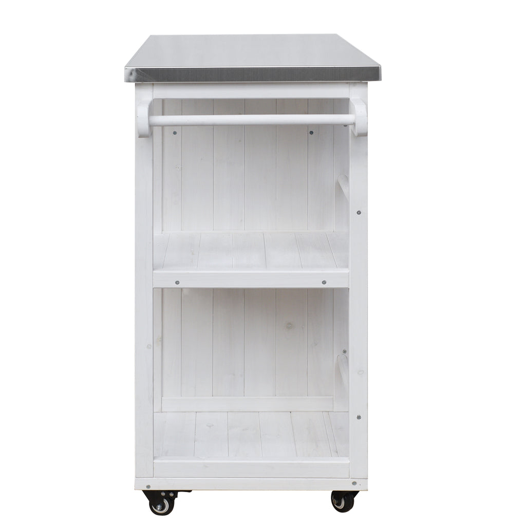 Outdoor Kitchen Island Fir Wood Prep Station Lockable Kitchen Cart with Stainless Top, Ample Storage Space, Towel and Spice Racks for Patio and Outdoor, White