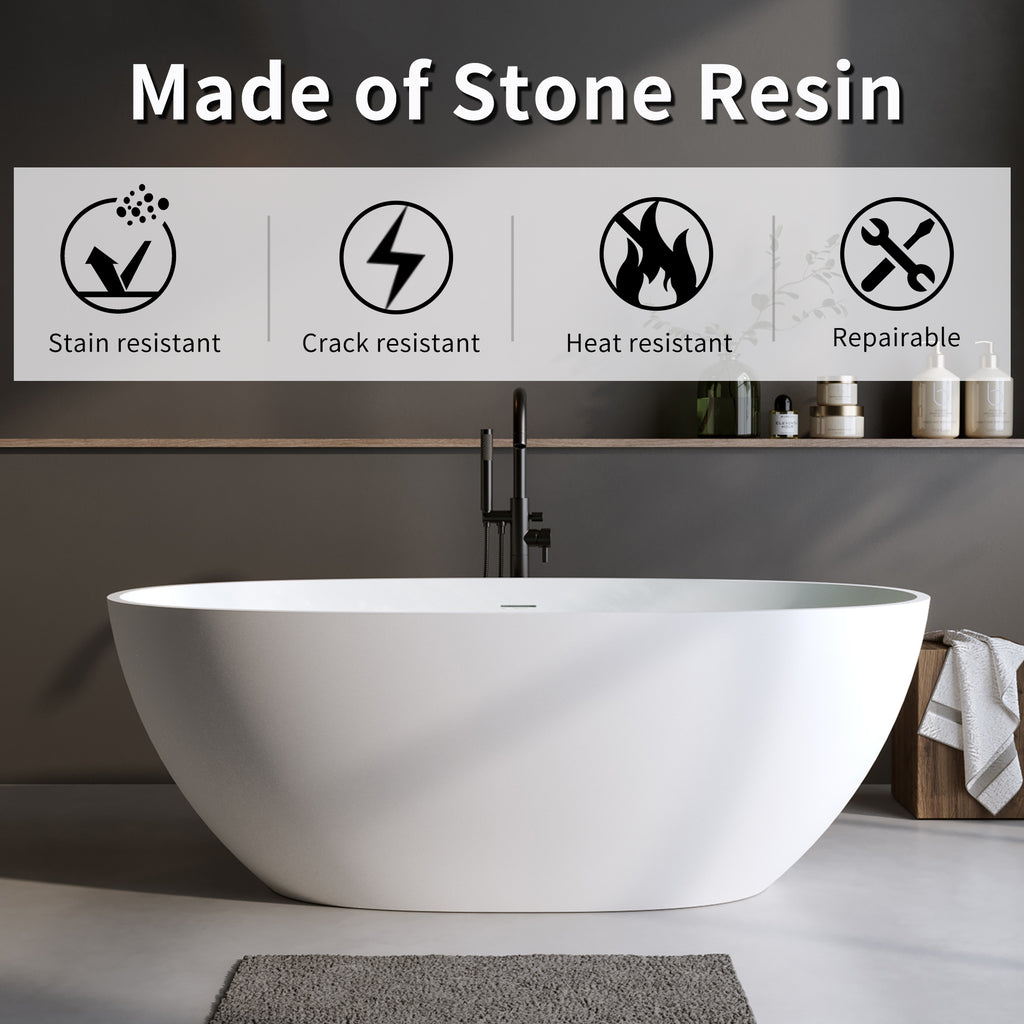 70.8″Solid Surface Matte Tub, Solid Surface Soaking Tub, Stone Resin Freestanding Bathtub, Thick Edge Stand Alone Tubs with Overflow, Pop-up Drain, Matte White (Oval)