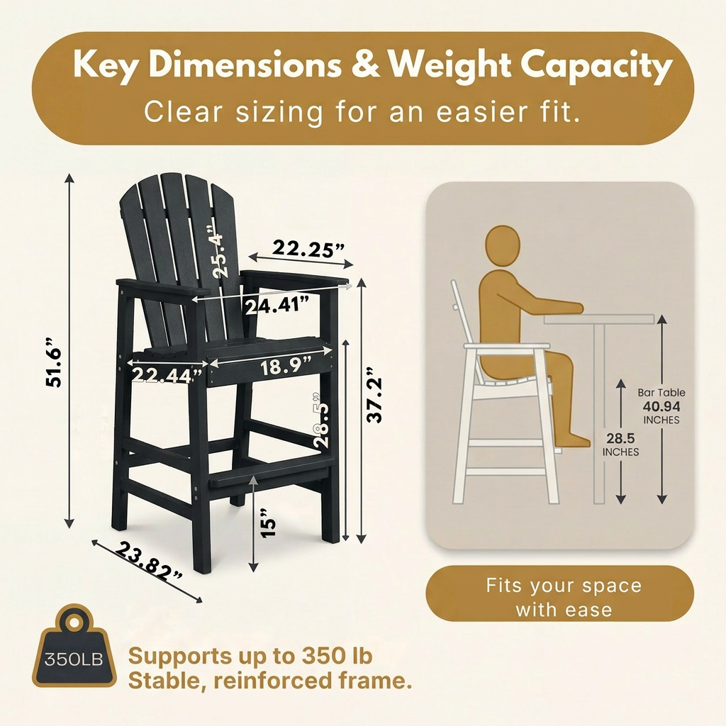 HDPE Bar Height Adirondack Chair with Cup Holder, All-Weather Outdoor Patio Bar Chair with Armrests 1 Piece(BK)