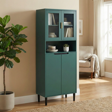 Load image into Gallery viewer, Tempered Glass Door Tall Storage Bookcase with adjustable board, 4 doors MDF painting finished cabinet, Green, Living room Bedroom storage