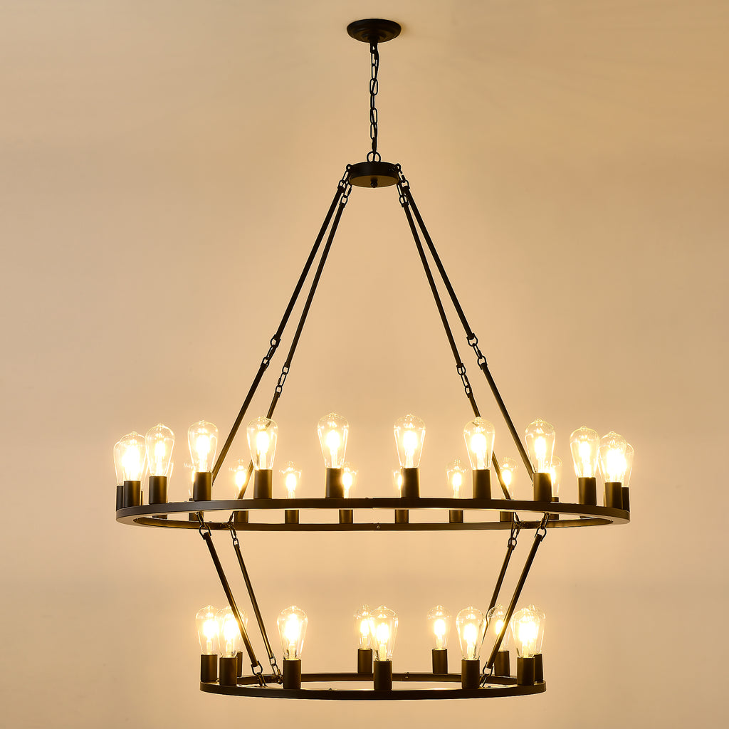52 Inch Black Extra Large Wagon Wheel Chandelier, 2 Tier 36-Lights (24+12) +(12+24) Farmhouse Industrial Round High Ceiling Pendant Light Adjustable Chain, for Dining Room, Living Room,Kitchen