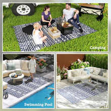 Load image into Gallery viewer, Outsunny Outdoor Patio Rug, Large Camping Carpet with Carrying Bag, 6' x 9' Waterproof Plastic Straw, Reversible, Blue &amp; White Geometric