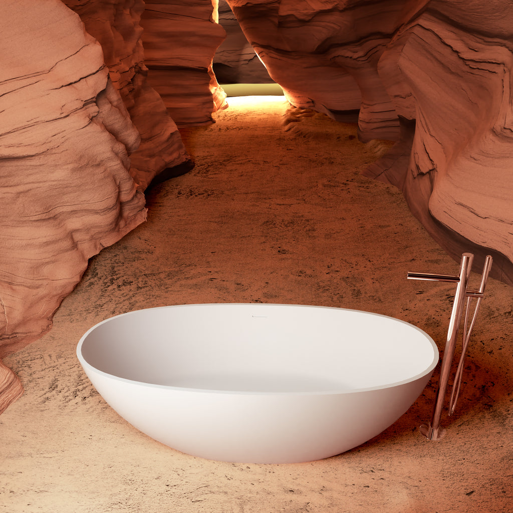 65" Freestanding Solid Surface Bathtub, Luxury Handcrafted Stone Resin Freestanding Soaking Bathtub with Overflow and Pop-up Drain, Matte White 24S06-65MW
