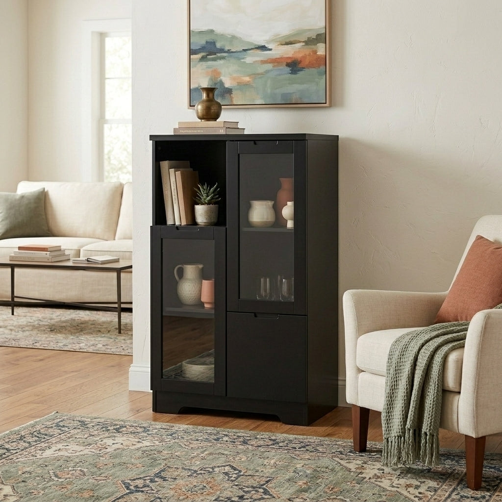 MDF painted Cabinet with Glass Doors and drawer, open storage space, Navy Blue, Bedroom, Living room