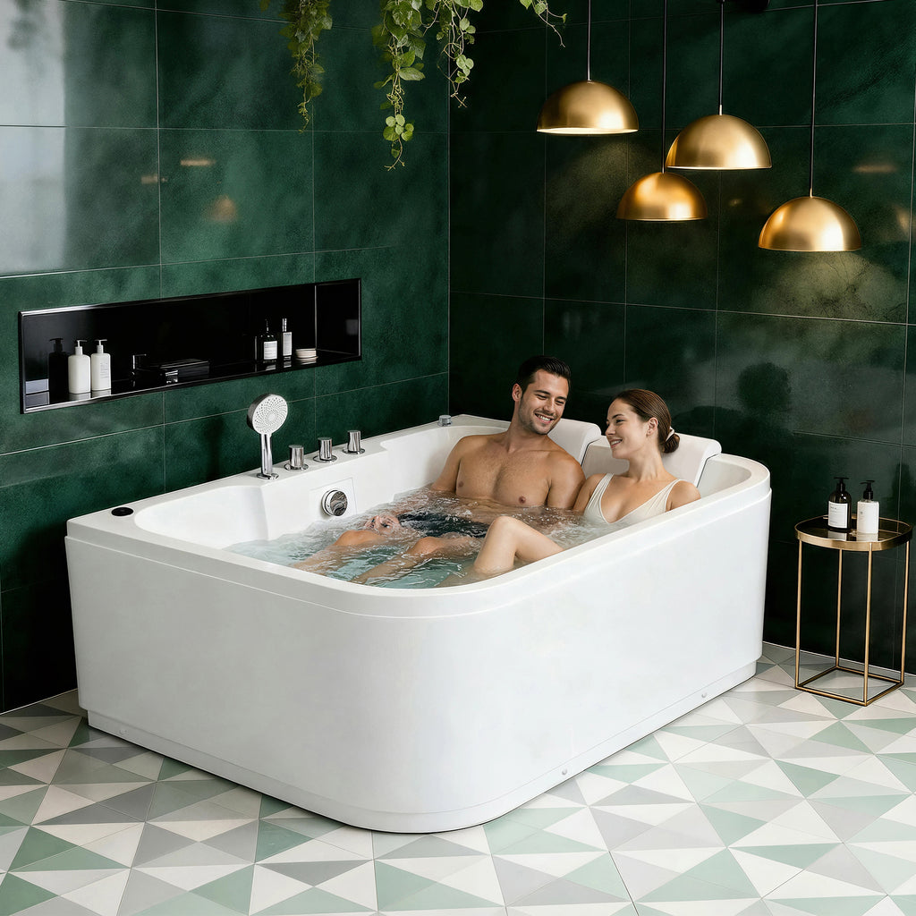 KORRA 61 Inch Acrylic Whirlpool Massage Bathtub for 2 Person 16 Water Jets LED Lights Heater for Jacuzzi Spa Massage