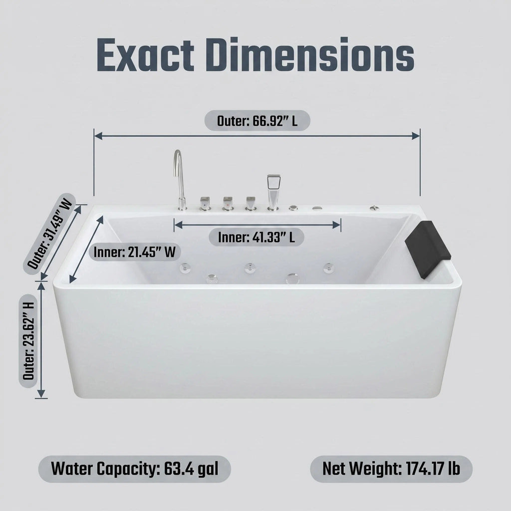 67-inch single-person luxury whirlpool bathtub, equipped with multiple sets of massage nozzles, featuring a dazzling light therapy atmosphere, and certified with precision craftsmanship accessories