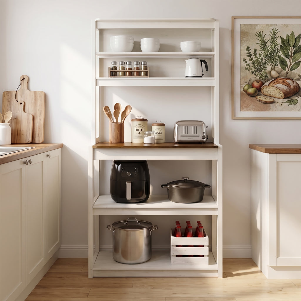 31.5" White and Black color 5-Tier Bakers Rack for Kitchen with Storage, Coffee Bar, Kitchen Shelves,  Microwave Stand