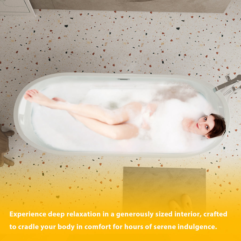 59'' acrylic freestanding bathtub with unique diamond pattern design: spacious oval shape,  Gloss white finish, Chrome overflow and pop-up drain CUPC Certificate