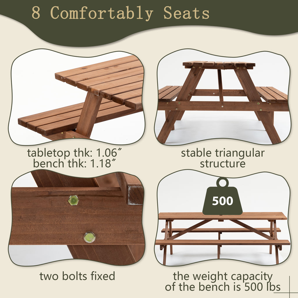 8 Person Brown Wooden Picnic Table, Outdoor Camping Dining Table with 2 Seats, Garden, DIY with 2 Built-in Benches, 2220lb Capacity