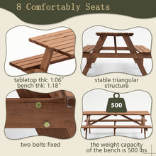 Load image into Gallery viewer, 8 Person Brown Wooden Picnic Table, Outdoor Camping Dining Table with 2 Seats, Garden, DIY with 2 Built-in Benches, 2220lb Capacity