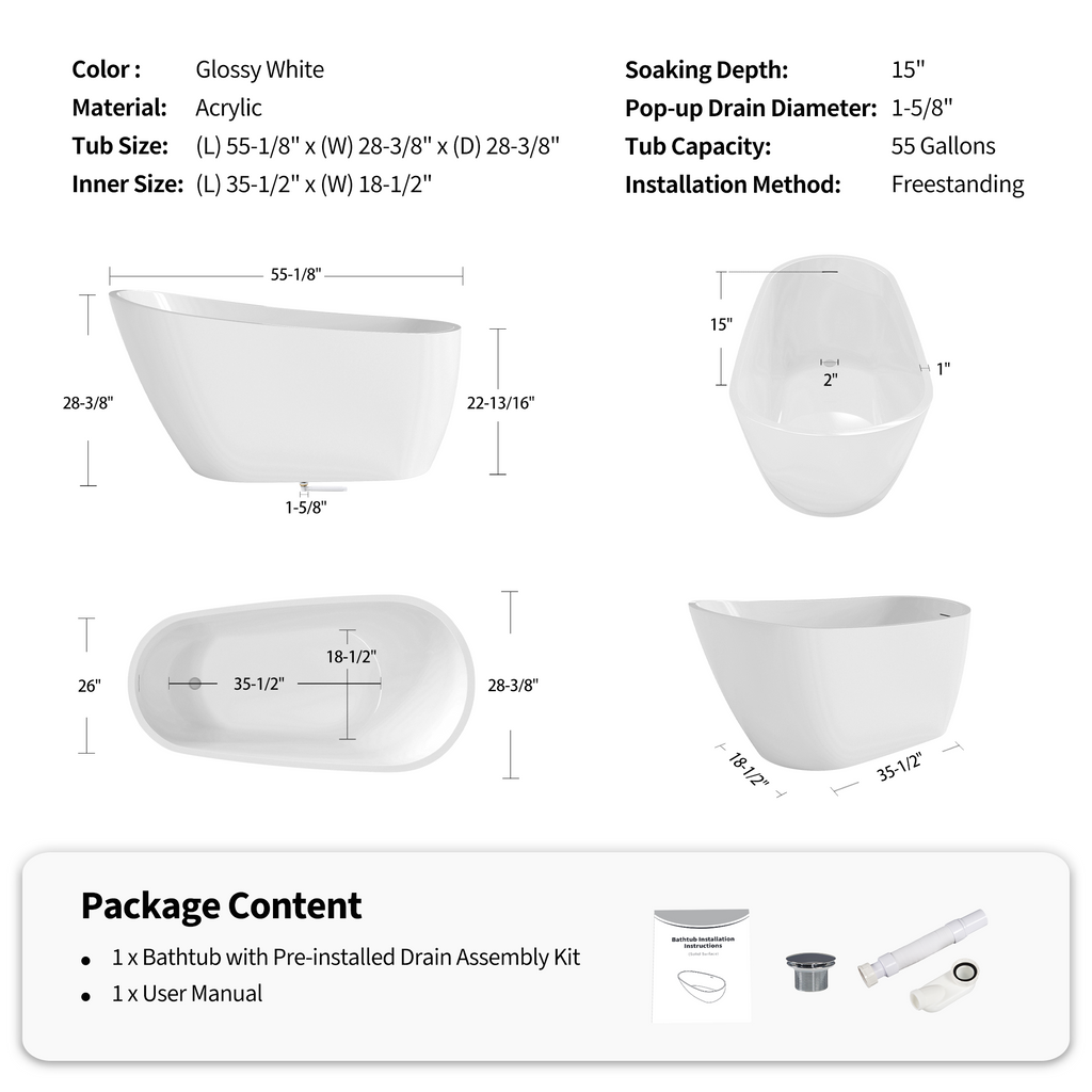 55" Acrylic Freestanding Bathtub, Deep Soaking Contemporary Stand Alone Bath Tub with Pop-up Drain & Integrated Overflow, Chrome-Finish Drain Cover, Glossy White GF-26A04-55