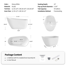 Load image into Gallery viewer, 55" Acrylic Freestanding Bathtub, Deep Soaking Contemporary Stand Alone Bath Tub with Pop-up Drain &amp; Integrated Overflow, Chrome-Finish Drain Cover, Glossy White GF-26A04-55