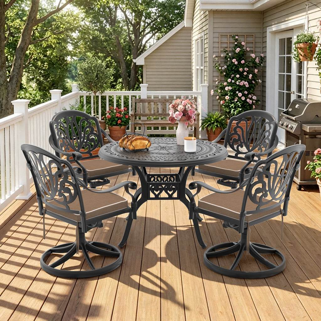 Ø39.37-inch Cast Aluminum Patio Dining Table With Black Frame and Umbrella Hole (same sku: W171084477)