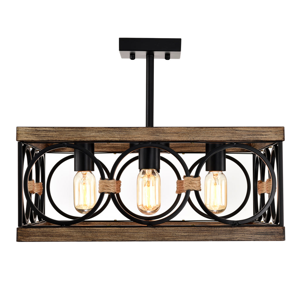 4-Light Square Kitchen Island Lights Ceiling Light Farmhouse Dining Room Light Fixture, Wood and Black Metal Rectangular Ceiling Light, Ceiling Lighting for Living Room,Conference Room, Home Office