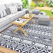 Load image into Gallery viewer, Outsunny Outdoor Patio Rug, Large Camping Carpet with Carrying Bag, 6' x 9' Waterproof Plastic Straw, Reversible, Blue &amp; White Geometric