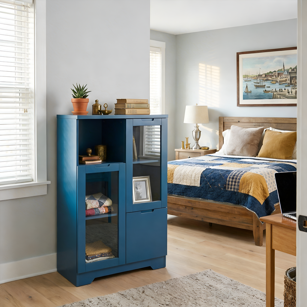 MDF painted Cabinet with Glass Doors and drawer, open storage space, Navy Blue, Bedroom, Living room