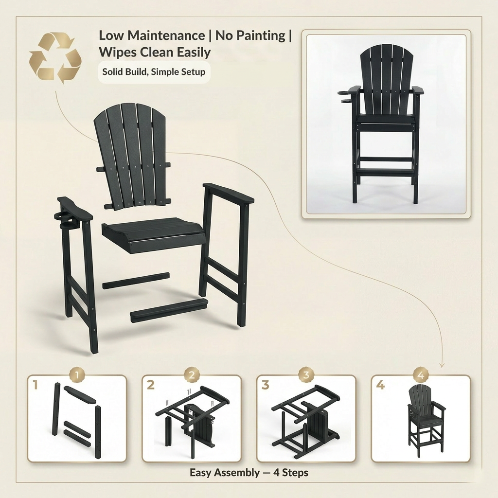 HDPE Bar Height Adirondack Chair with Cup Holder, All-Weather Outdoor Patio Bar Chair with Armrests 1 Piece(BK)