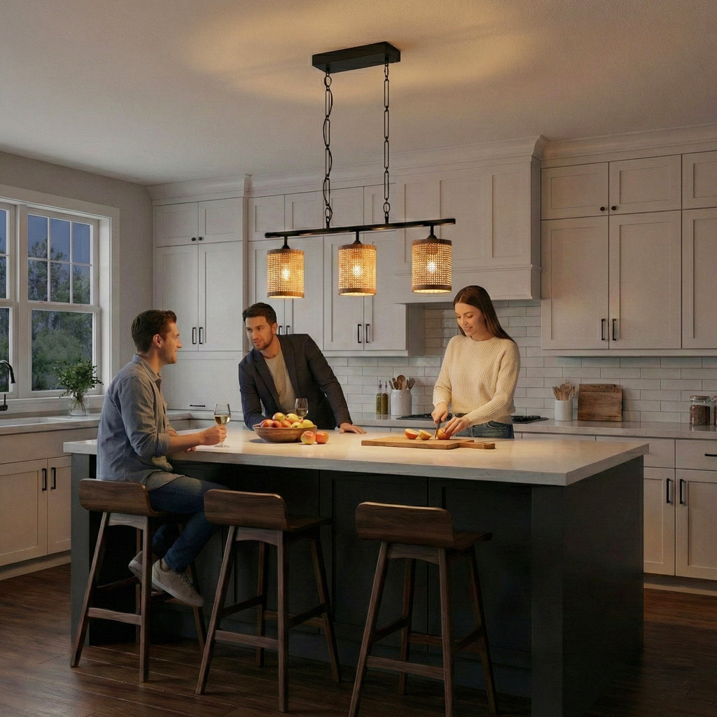 Elysian Three Lights Island With Natural Rattan Shade Farmhouse Chain Ceiling Lamp