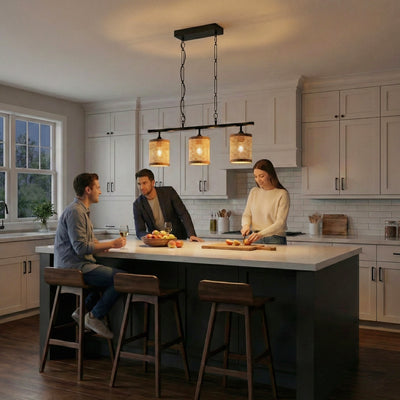 Elysian Three Lights Island With Natural Rattan Shade Farmhouse Chain Ceiling Lamp