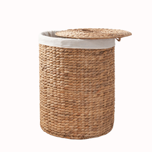 Load image into Gallery viewer, Ludmilla Round Tall Water Hyacinth Woven Wicker Laundry Hamper with Lid - For Clothes, Canvas, Toys and Book Storage with Removable Liner - 15" x 15" x 20" - Natural Brown