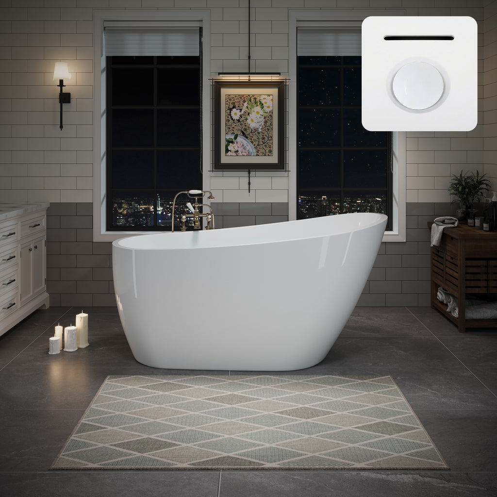55" Acrylic Freestanding Bathtub, Deep Soaking Contemporary Stand Alone Bath Tub with Pop-up Drain & Integrated Overflow, Chrome-Finish Drain Cover, Glossy White GF-26A04-55