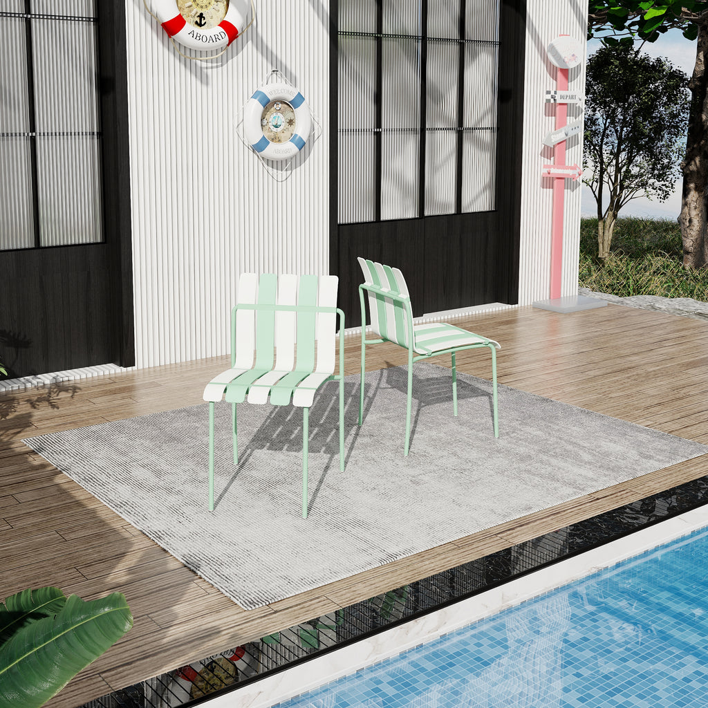 Summer - 4-Pack Modern Striped Color Block Chairs - Waterproof PP Seat & Sturdy Metal Legs, Indoor/Outdoor Dining Set for Patio, Balcony, Café (White & Yellow)