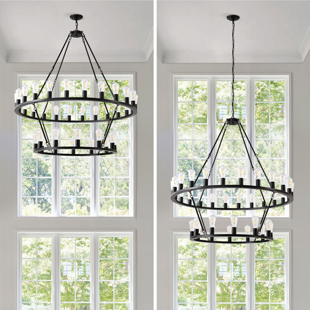 52 Inch Black Extra Large Wagon Wheel Chandelier, 2 Tier 36-Lights (24+12) +(12+24) Farmhouse Industrial Round High Ceiling Pendant Light Adjustable Chain, for Dining Room, Living Room,Kitchen