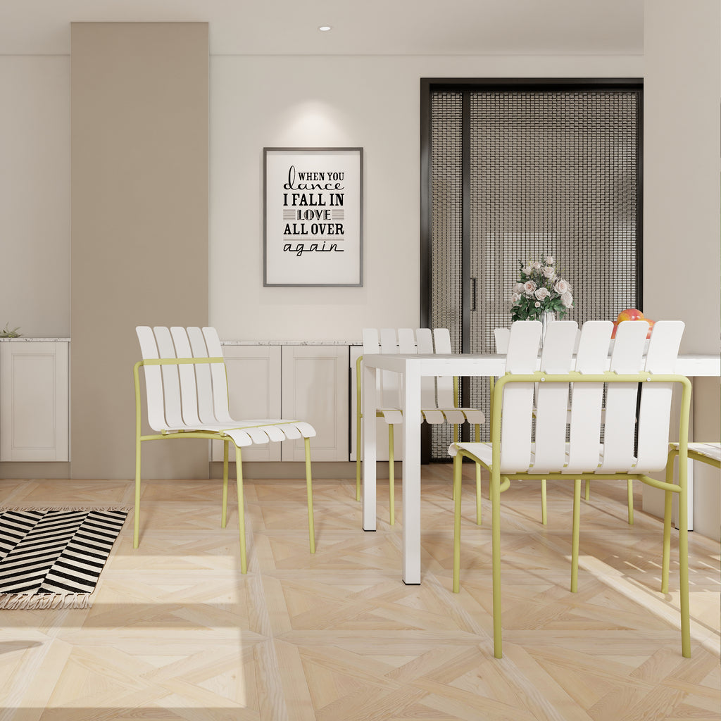 Summer - 4-Pack Modern Striped Color Block Chairs - Waterproof PP Seat & Sturdy Metal Legs, Indoor/Outdoor Dining Set for Patio, Balcony, Café (White & Yellow)