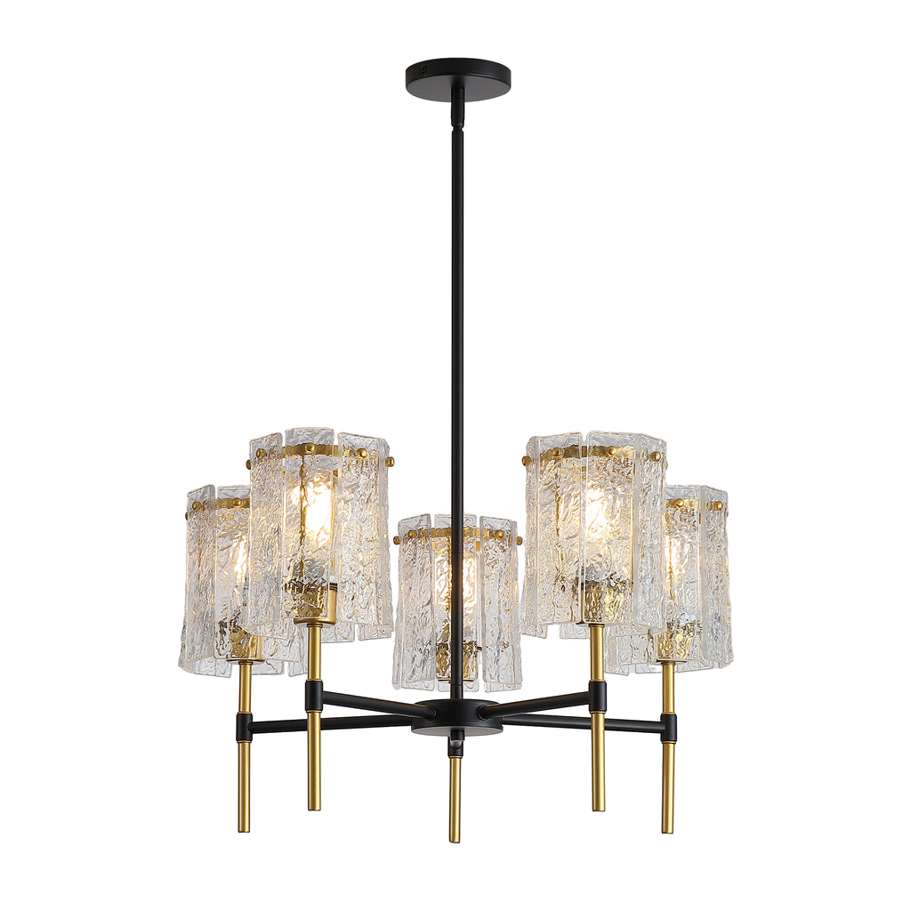 Modern 5-Light Black and Gold Chandelier, Textured Glass Pendant Light with Electroplated Gold Finish for Living Room Dining Room Not Including the Bulb