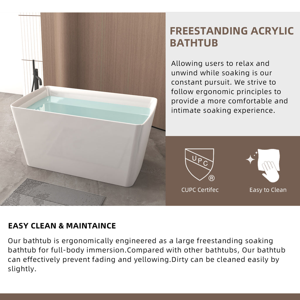 47" Acrylic Freestanding Bathtub with seat: Spacious rectangle Shape, Gloss White Finish,Invisible Overflow & Chrome Pop-Up Drain Cupc Certificate