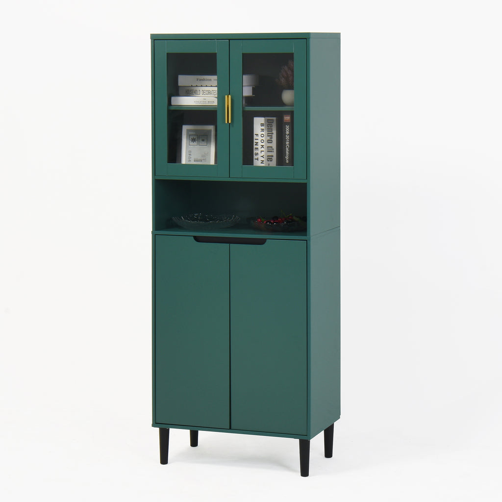 Tempered Glass Door Tall Storage Bookcase with adjustable board, 4 doors MDF painting finished cabinet, Green, Living room Bedroom storage