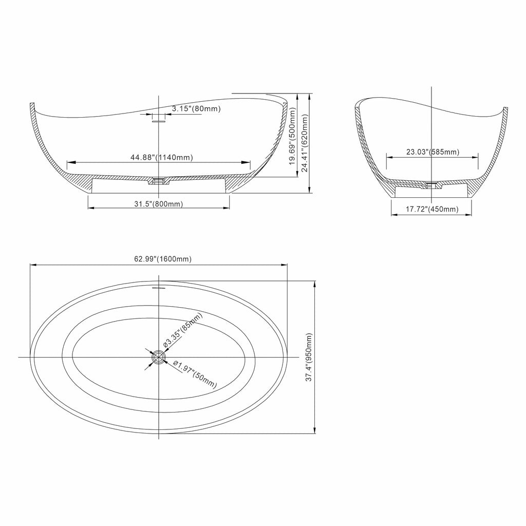 63 inch freestanding solid surface soaking bathtub for bathroom