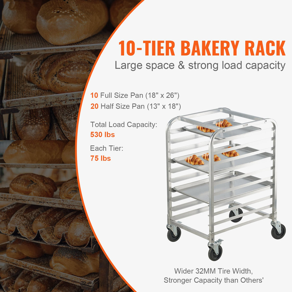 Bun Pan Rack, 10-Tier Commercial Bakery Racks with Brake Wheels, Aluminum Racking Trolley Storage for Half & Full Sheet, Speed Rack For Kitchen Home, Bread Baking Equipment, 26"L x 20.3"W x 39"H