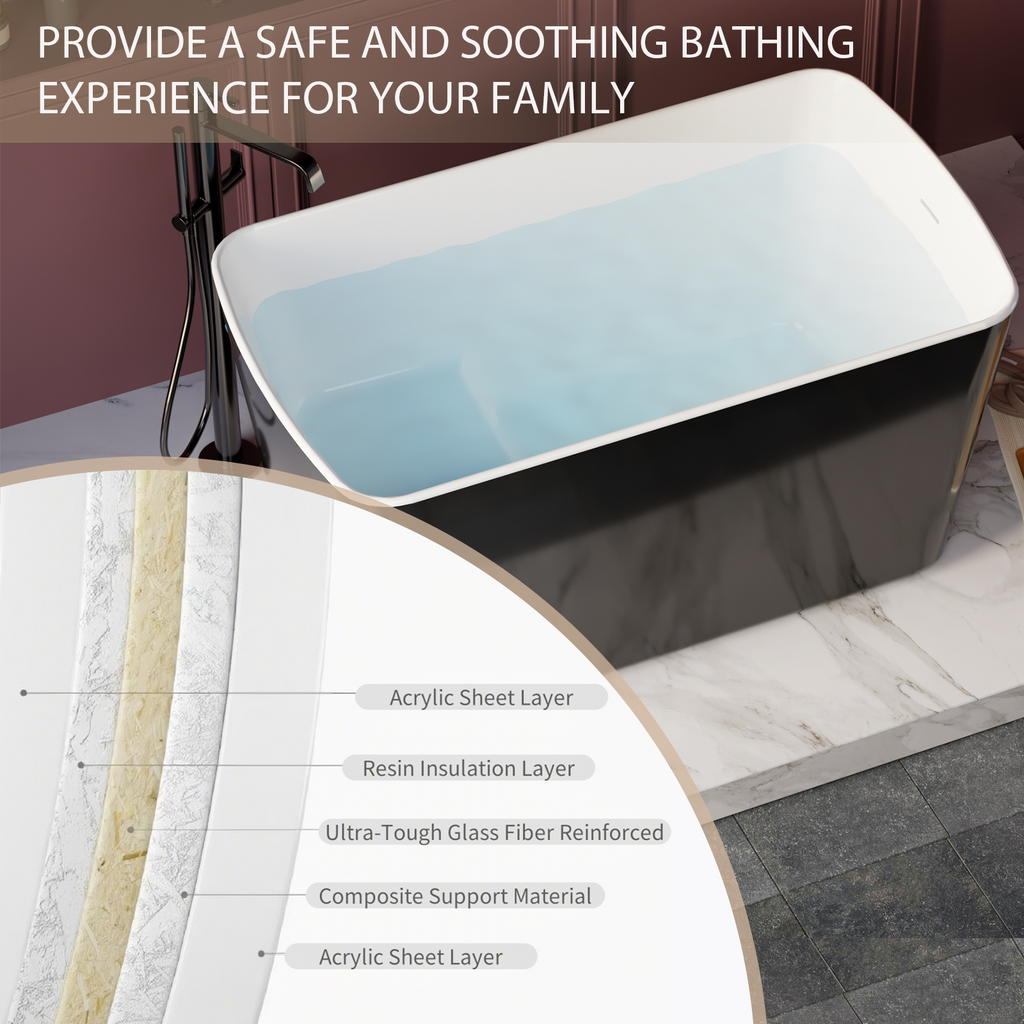 49'' x 28'' Acrylic Freestanding Soaking Bathtub, Square-shape Japanese Soaking Hot Tub, Sit-In Design with Chrome Overflow and Drain, Available for Express Delivery, Glossy Black 23AMA-49B